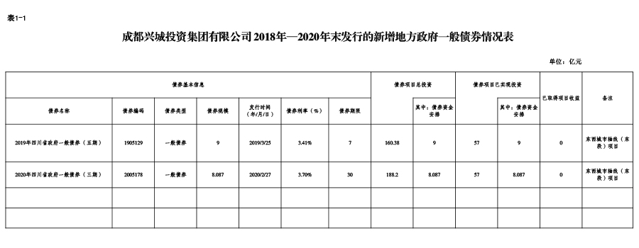 成都(dōu)興城投資集團有(yǒu)限公司-2018年—2020年末發行(xíng)的(de)新增地(dì)方政府一般債券情況表